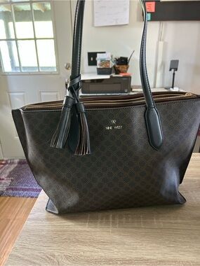 Nine West Brown Monogram Tote with Black Handles and Tassel